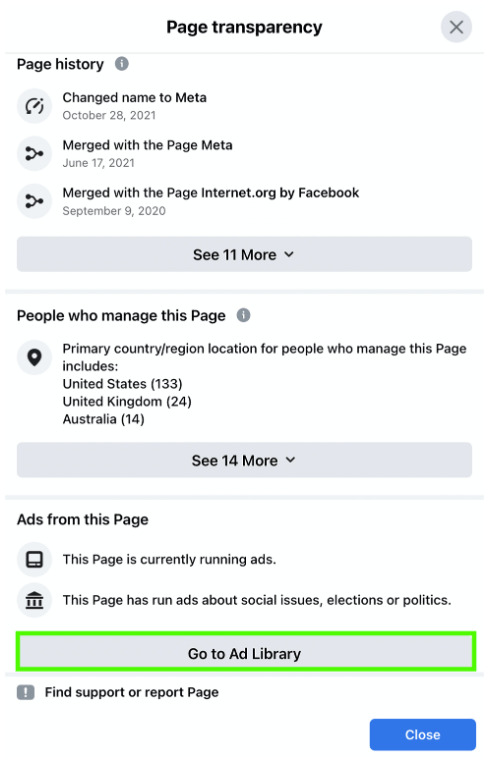 You can easily track all active ads with a sponsorship label from a specific page using the Transparency tool