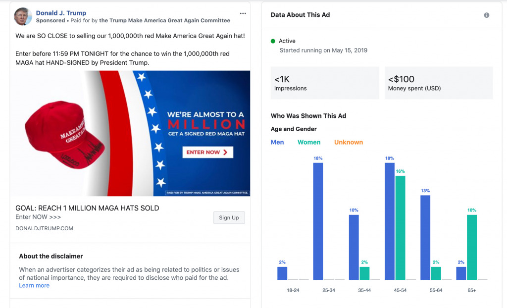 The tool reveals the number of impressions and the amount of money spent on political and issue ads