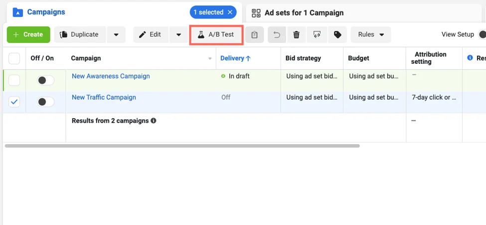 A/B Test function on Facebook Ads Manager
