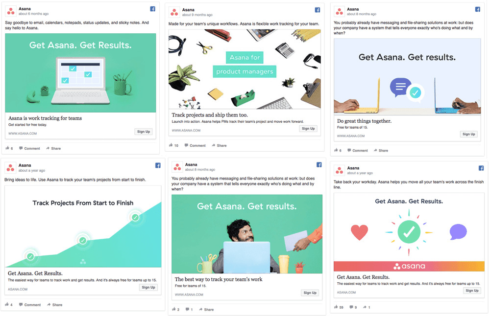 1 Facebook Ads can be tested in multiple versions - an example by Asana