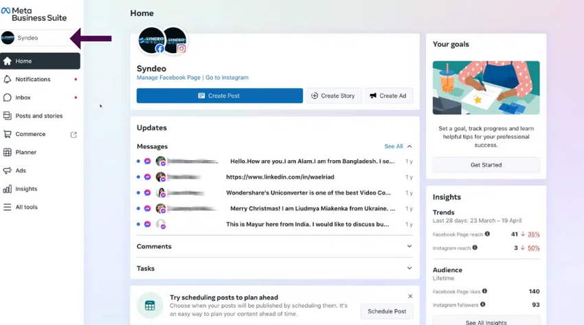 Once you arrive inside your Meta Business Suite, ensure that your business account is selected