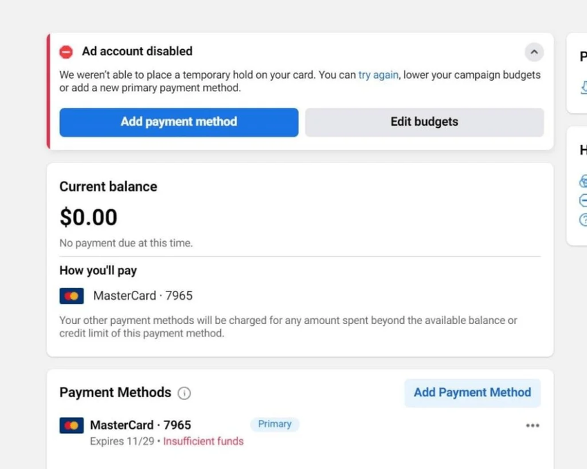 Facebook Ads payment is on hold, but the funds have already been deducted from your account