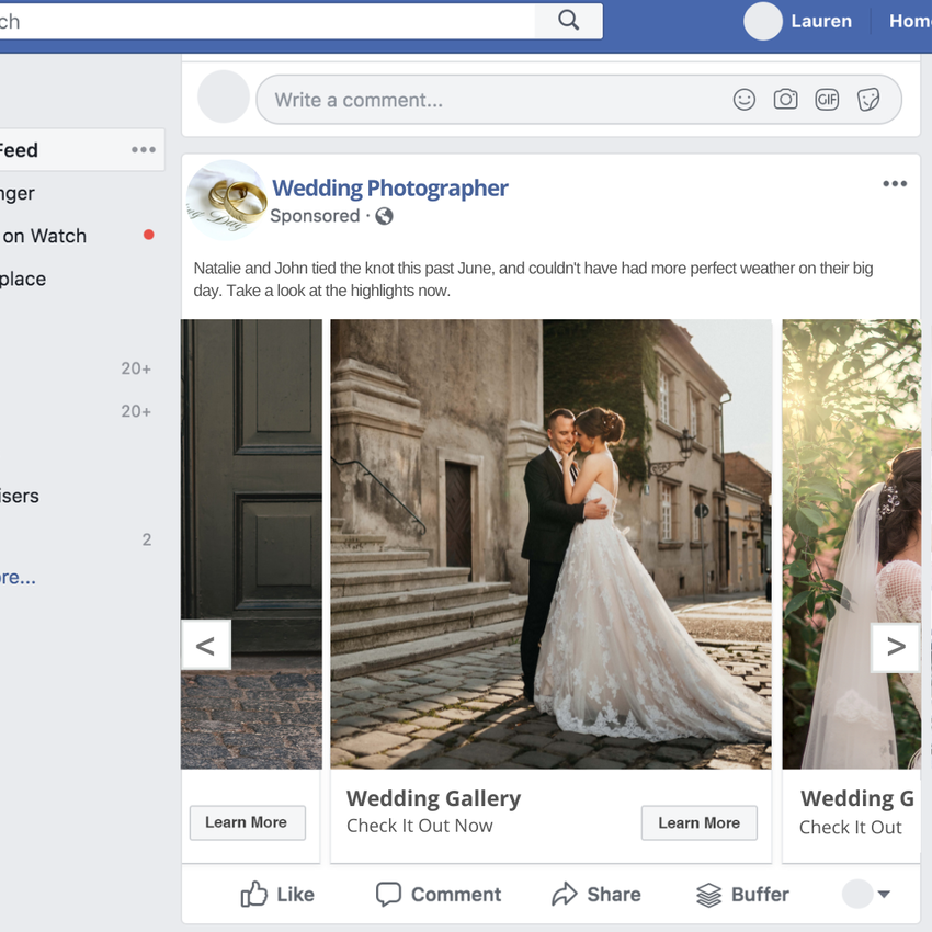 An example of a Dynamic Ads for a wedding photographer