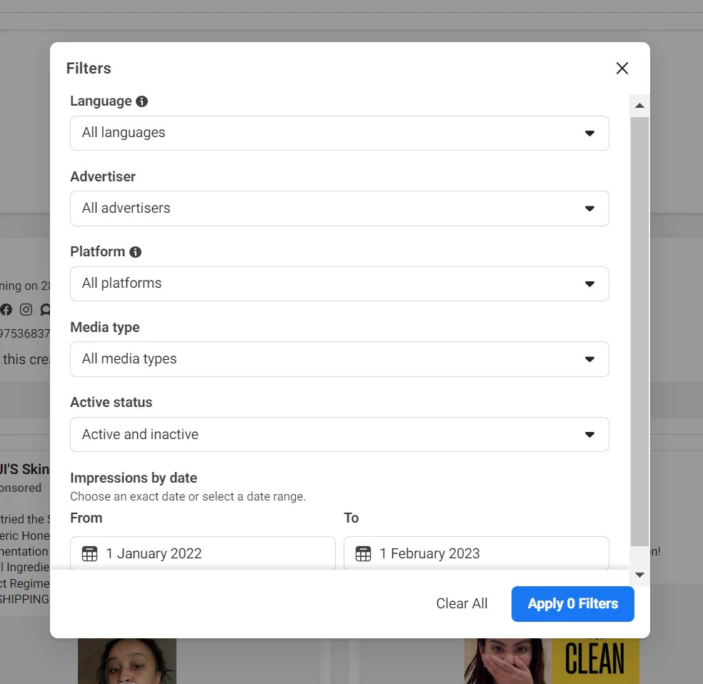 The Facebook Ads Search Tool allows you to customize your search using the API