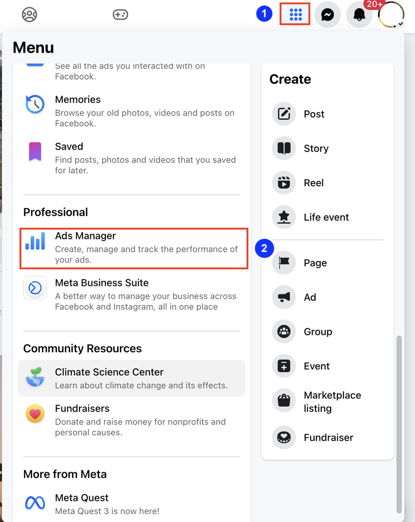 Find Ads Manager under the Professional section