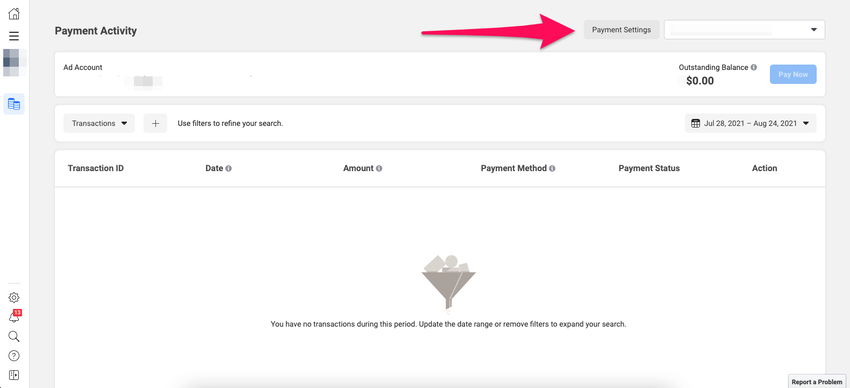 The Payment Activity screen shows all your recent transactions once your ads are active