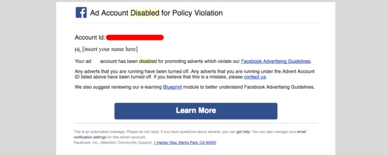 Policy violation leads to ad rejection or account issues.