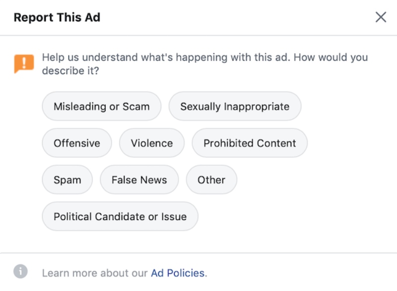 Reported ads receive negative feedback tags.