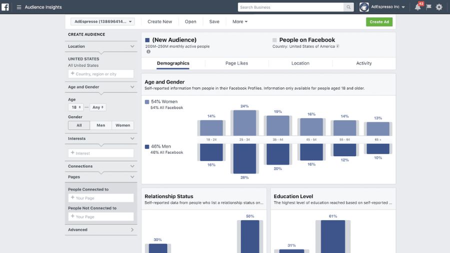 Facebook audience insights targeting dashboard