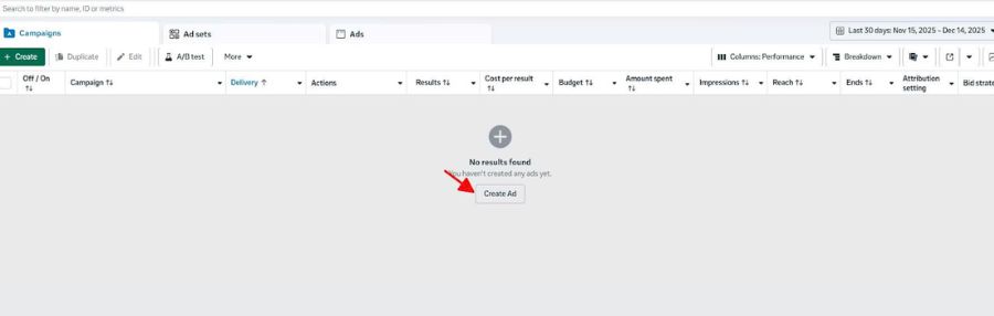 Ads Manager Create button highlighted